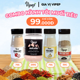Combo Gia vị Vipep 4 loại Hành bột 70g, Tỏi bột 70g, Muối hồng xay 200g, Tiêu xay 50g