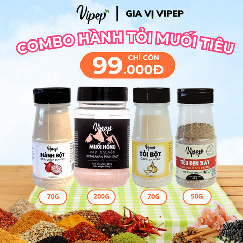 Combo Gia vị Vipep 4 loại Hành bột 70g, Tỏi bột 70g, Muối hồng xay 200g, Tiêu xay 50g