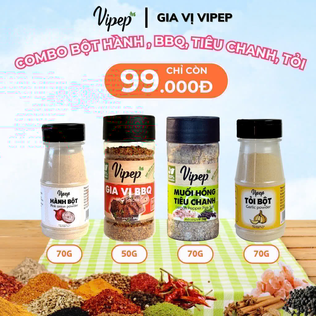Combo Gia vị Vipep nấu ăn tự nhiên Tỏi bột, Hành Bột, Gia vị nướng BBQ 50g, Muối hồng tiêu chanh 70g