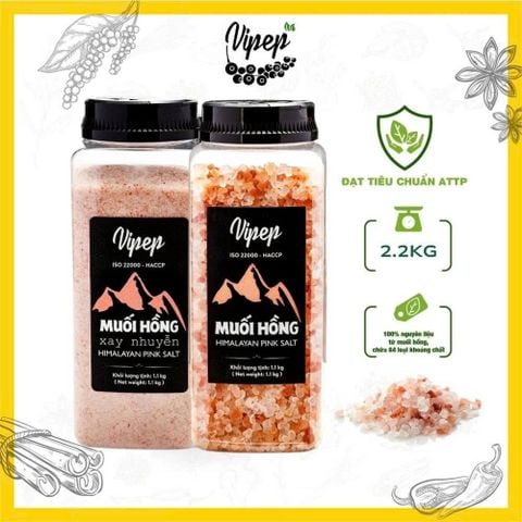 Combo Muối Hồng Himalaya Xay Nhuyễn 1.1kg + Muối Hồng Himalaya Nguyên Hạt 1.1kg Vipep Hũ Nhựa - Gia Vị Vipep