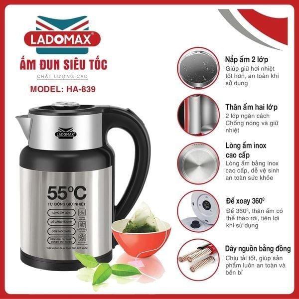 Ấm đun siêu tốc 2.3L Ladomax HA-839