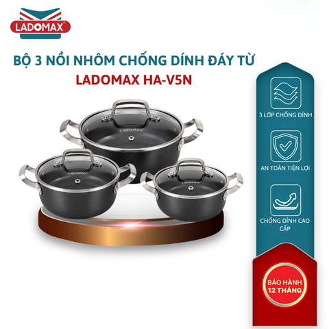 BỘ 3 NỒI NHÔM CHỐNG DÍNH ĐÁY TỪ CAO CẤP LADOMAX HA-V5N