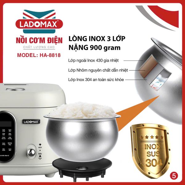 Nồi cơm điện xách tay 1.8L lòng inox Ladomax HA-8818IN