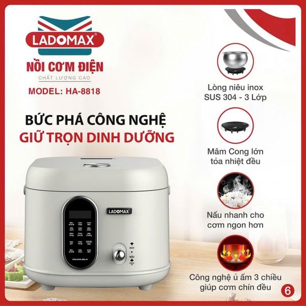 Nồi cơm điện xách tay 1.8L lòng inox Ladomax HA-8818IN