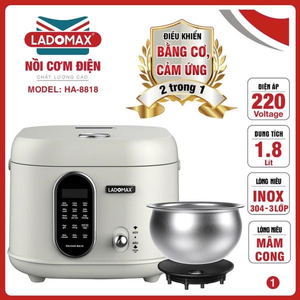Nồi cơm điện xách tay 1.8L lòng inox Ladomax HA-8818IN