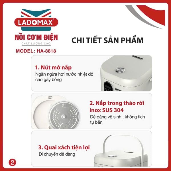 Nồi cơm điện xách tay 1.8L lòng inox Ladomax HA-8818IN