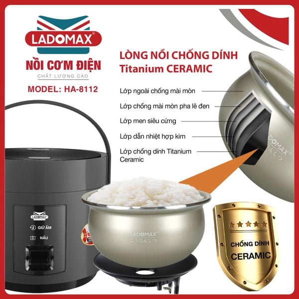 Nồi cơm điện giữ ấm 2 chiều 1,2 Lít Ladomax HA-8112