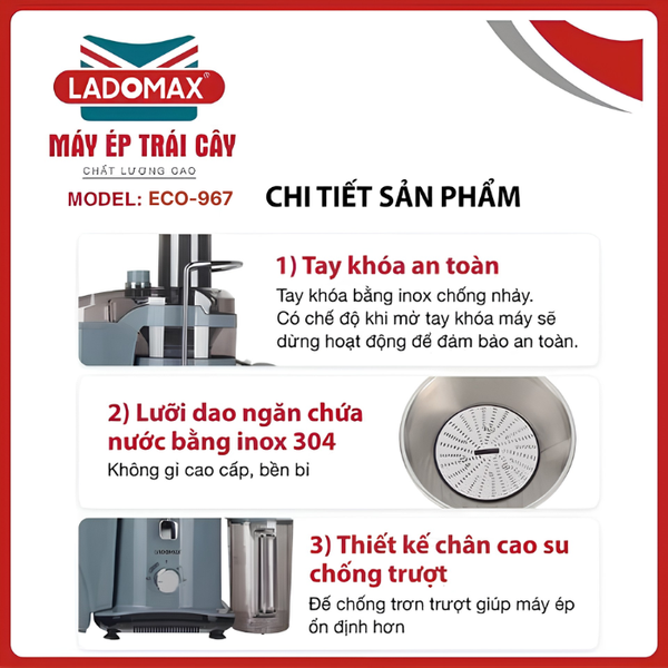 Máy ép trái cây công nghiệp Ladomax ECO-967 loại 2 lưỡi dao