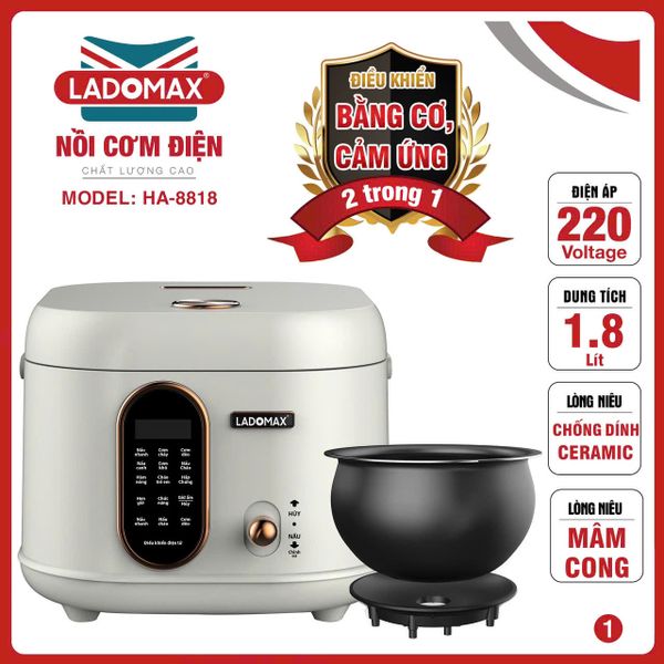 Nồi cơm điện xách tay 1.8L lòng gang Ladomax HA-8818GN