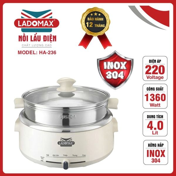 Nồi lẩu điện lòng inox rời Ladomax HA-236 - dung tích 4.0 Lít