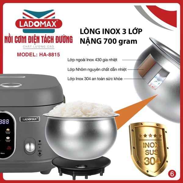 Nồi cơm điện tách đường 1.5L Ladomax HA-8815_Inox