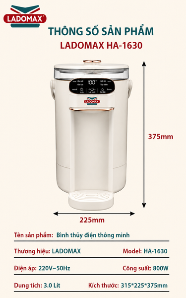 Bình nấu nước, giữ ấm 3 Lít Ladomax HA-1630