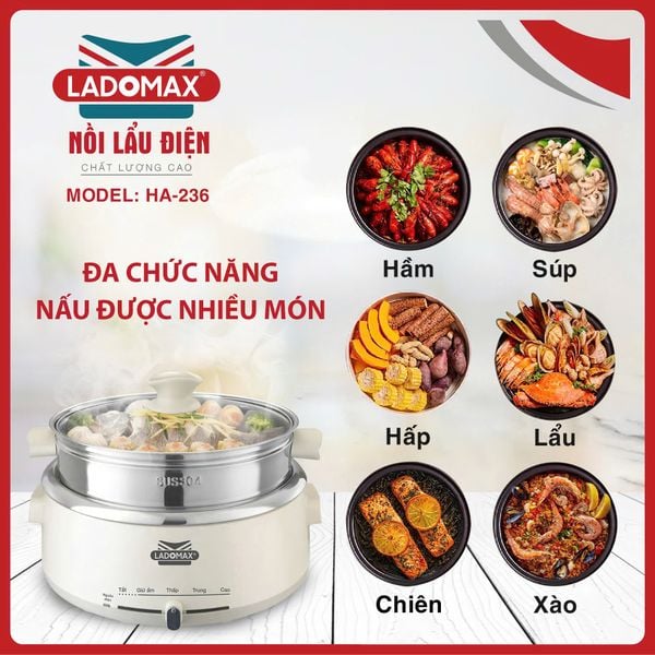 Nồi lẩu điện lòng inox rời Ladomax HA-236 - dung tích 4.0 Lít