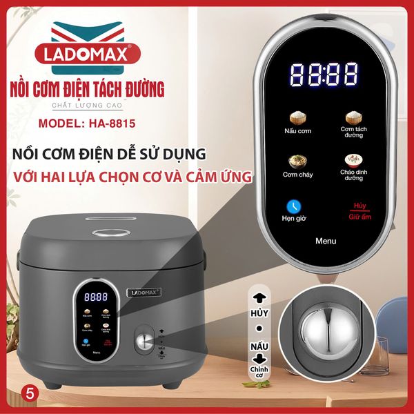 Nồi cơm điện tách đường 1.5L Ladomax HA-8815_Inox