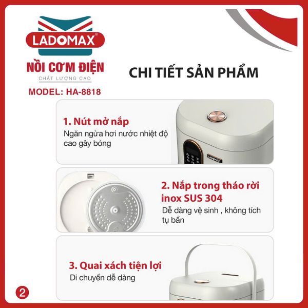 Nồi cơm điện xách tay 1.8L lòng gang Ladomax HA-8818GN