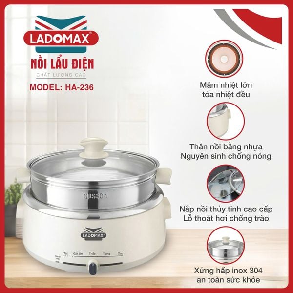 Nồi lẩu điện lòng inox rời Ladomax HA-236 - dung tích 4.0 Lít