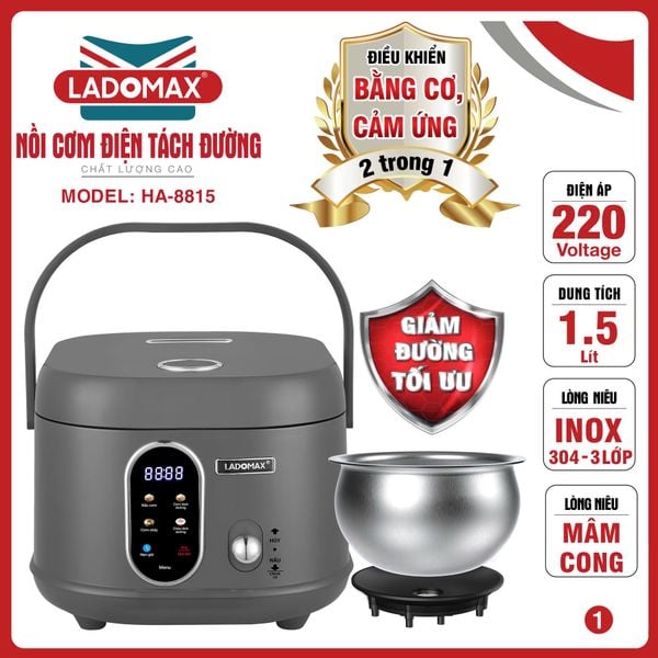 Nồi cơm điện tách đường 1.5L Ladomax HA-8815_Inox