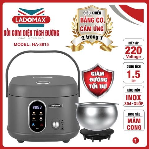 Nồi cơm điện tách đường 1.5L Ladomax HA-8815_Inox
