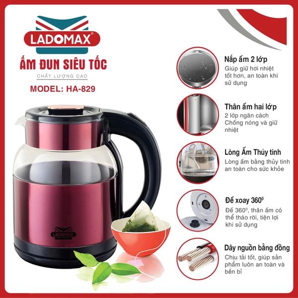 Ấm đun siêu tốc thủy tinh 2 lớp Ladomax HA-829