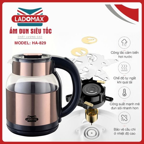 Ấm đun siêu tốc thủy tinh 2 lớp Ladomax HA-829