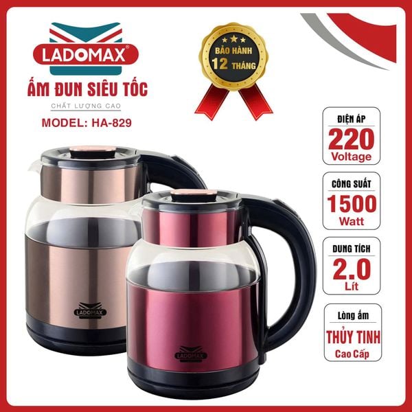 Ấm đun siêu tốc thủy tinh 2 lớp Ladomax HA-829