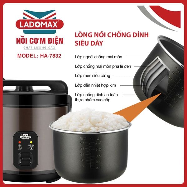 Nồi cơm điện nắp gài 3.2L Ladomax HA-7832 - công nghệ giữ ấm 3 chiều