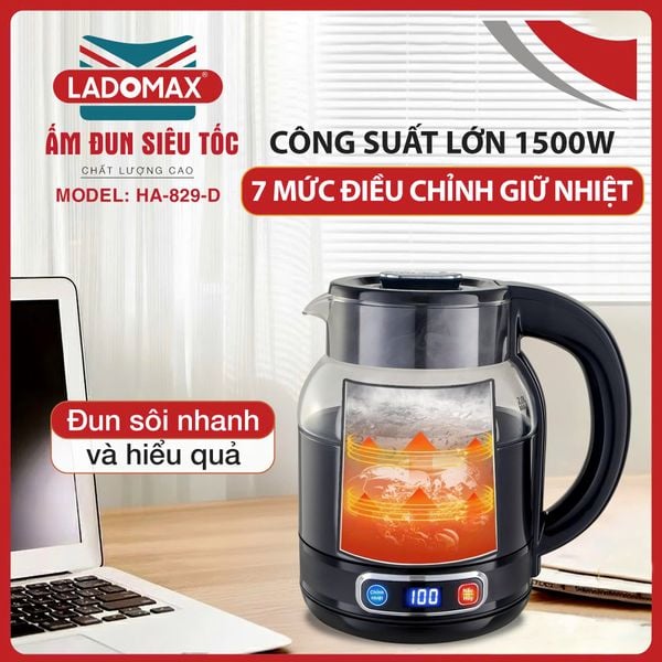 Ấm đun siêu tốc thủy tinh 2 lớp LADOMAX HA-829-Điện tử