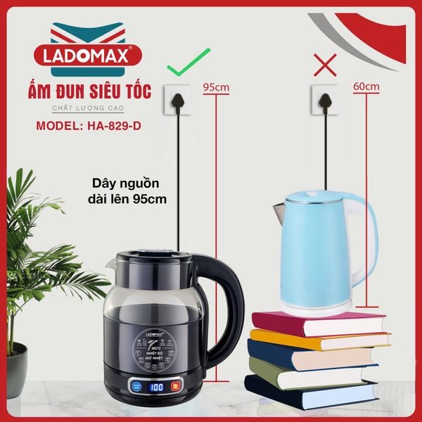 Ấm đun siêu tốc thủy tinh 2 lớp LADOMAX HA-829-Điện tử