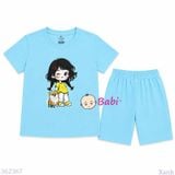  (M4) Bộ Bé Gái Tay Ngắn Quần Lửng Hình Cô Gái Và Cún (30-55kg) 
