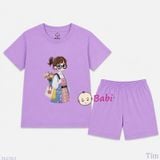  (H7) Bộ Bé Gái Tay Ngắn Quần Đùi Hình Cô Gái Đeo Kính (30-55kg) 