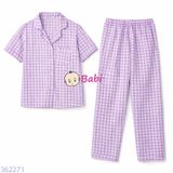  Bộ Pijama Tay Ngắn Quần Dài Họa Tiết Caro Tím (25-58kg) 