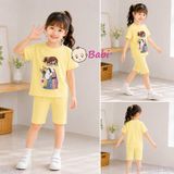  (M3) Bộ Bé Gái Tay Ngắn Quần Lửng Hình Cô Gái Đeo  (30-55kg) 