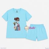  (H7) Bộ Bé Gái Tay Ngắn Quần Đùi Hình Cô Gái Đeo Kính (30-55kg) 