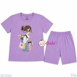  (M3) Bộ Bé Gái Tay Ngắn Quần Lửng Hình Cô Gái Đeo  (30-55kg) 