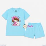  (H5) Bộ Bé Gái Tay Ngắn Quần Đùi Hình Cô Gái Nơ Hồng (30-55kg) 