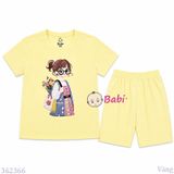 (M3) Bộ Bé Gái Tay Ngắn Quần Lửng Hình Cô Gái Đeo  (30-55kg) 