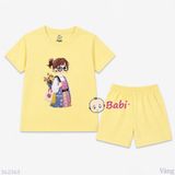  (H7) Bộ Bé Gái Tay Ngắn Quần Đùi Hình Cô Gái Đeo Kính (30-55kg) 
