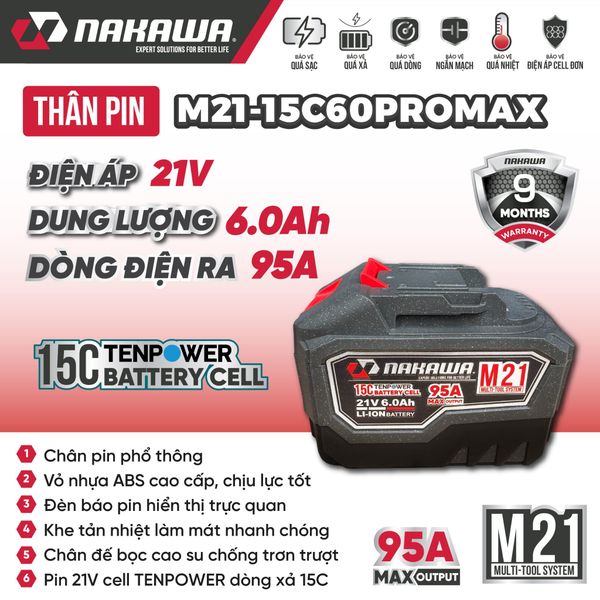 Pin 21V 6.0Ah NAKAWA M21-15C60PROMAX