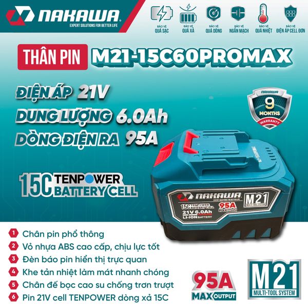 Pin 21V 6.0Ah NAKAWA M21-15C60PROMAX