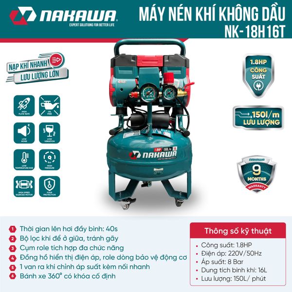 Máy nén khí không dầu, tốc nhanh, siêu êm NK-18H16T - 16 lít