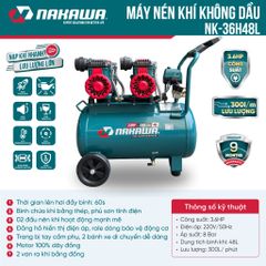 Máy nén khí không dầu, tốc nhanh, siêu êm NK-36H48L - 48 lít