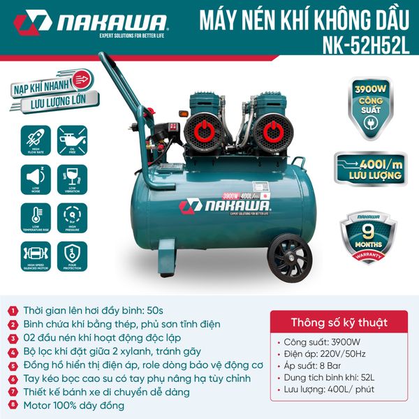 Máy nén khí không dầu, tốc nhanh, siêu êm NK-52H52L - 52 lít