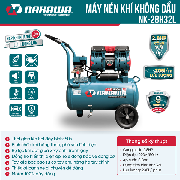 Máy nén khí không dầu, tốc nhanh, siêu êm NK-28H32L - 32 lít