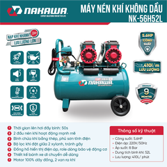 Máy nén khí không dầu, tốc nhanh, siêu êm NK-56H52L - 52 lít