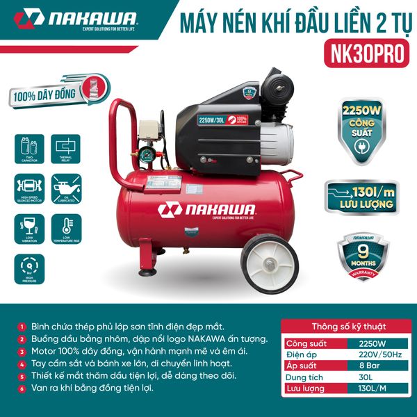 Máy Nén Khí đầu liền 2 tụ NAKAWA NK30PRO