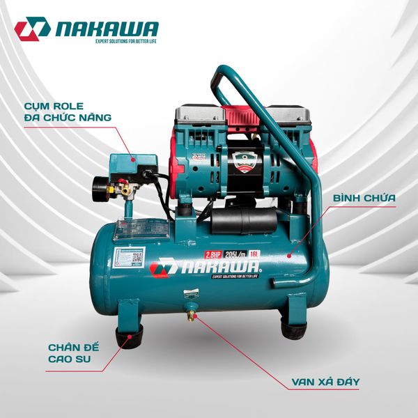 Máy nén khí không dầu, tốc nhanh, siêu êm NK-28H16L - 16 lít
