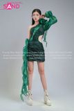  HVK0901 Váy Lệch Vai Tua Rua Ánh Kim Xanh Lá 