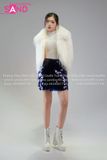  Outfit Phối Sẵn (HAF0003 Áo Khoác Lông Form Croptop Trắng phối HVK0802 Váy Kim Sa Xanh Navy Đậm) 