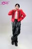  OUTFIT PHỐI SẴN (HAK0403 Áo Khoác Đỏ Dài Tay Gài Nút Cổ Đứng Kiểu Pháp phối HQA0106 Quần Da Suông Túi Hộp Nam - Đen) 