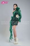  HVK0901 Váy Lệch Vai Tua Rua Ánh Kim Xanh Lá 